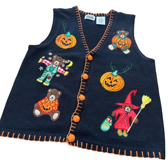 Basic Editions Jackets & Blazers - Vintage 90s Basic Editions Black Halloween Bear Pumpkin Embroidered Knit Vest L
